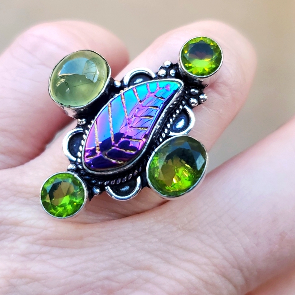 New Carved Rainbow Hematite, Prehnite & Peridot 925 Silver Ring.